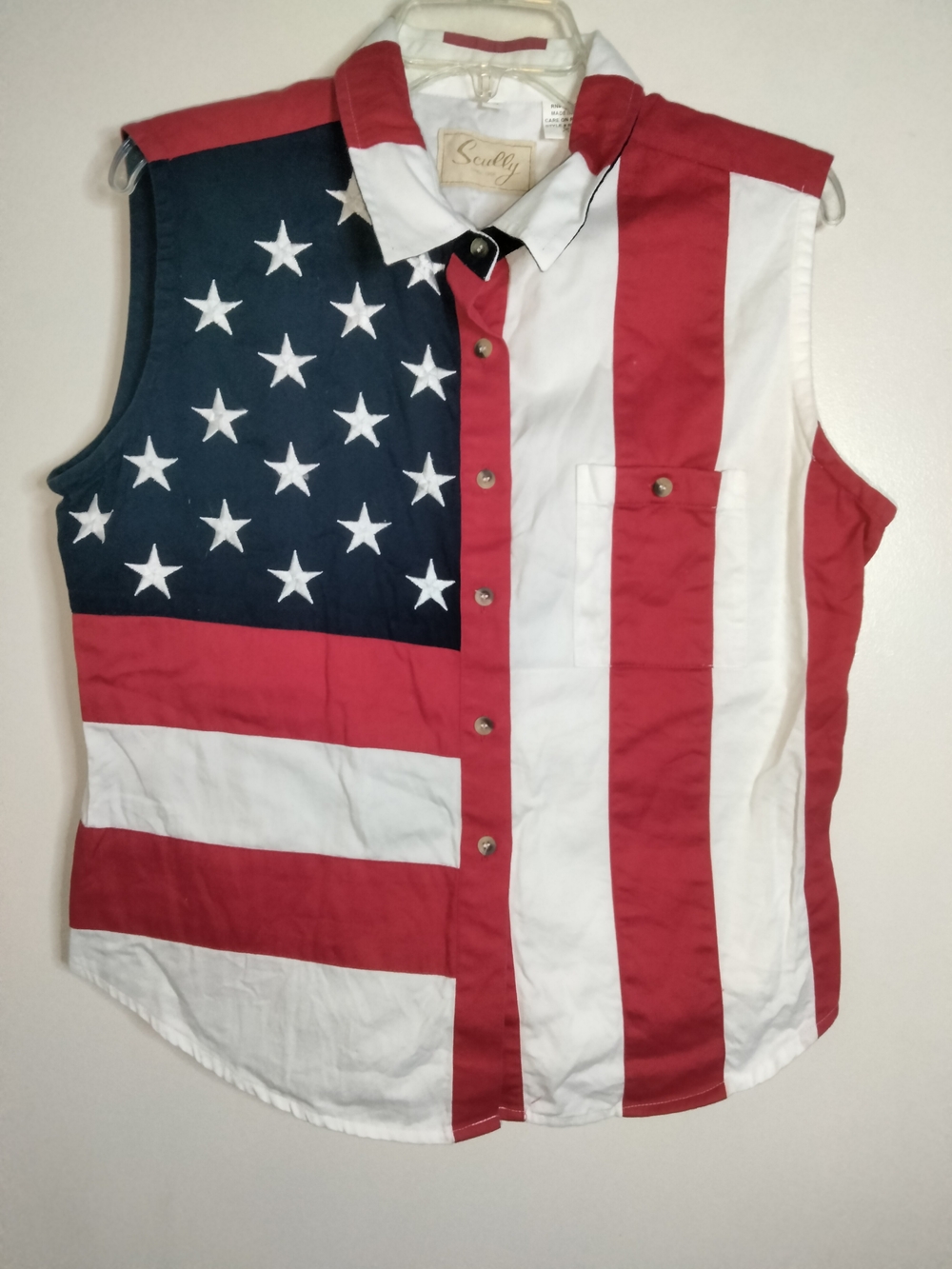 Scully -XXL- Red White & Blue Flag Design Sleeveless Cotton Button-Down Shirt